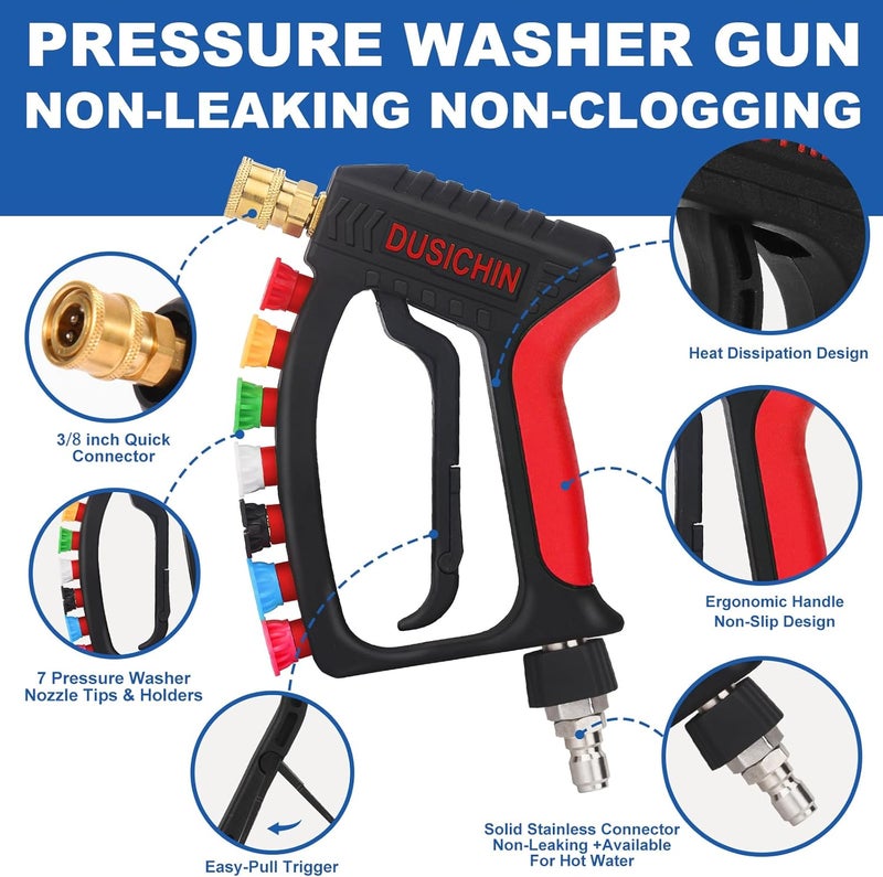 DUSICHIN Short Pressure Washer Wand High Spray Swivel Gun 7 Nozzle Tips 4000 PSI, Pressure Washer Attachment 1/4" Quick Connector Outlet,M22-14mm M22-15mm 3/8" INLET, Not for Garden Hose DUS2911 - Image 4